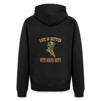 Life Is Better With Hiking Boots für einen - Unisex Premium Bio Zip Hoodie - Schwarz - Hinten - Nico (187cm)