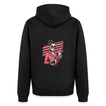 Witzige Skelett-Dame mit Kaffee und Sonnenbrille - Unisex Premium Bio Zip Hoodie - Schwarz - Hinten - Nico (187cm)