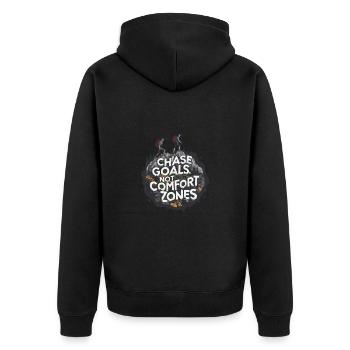 Chase Goals Not Comfort Zones für einen Wanderer - Unisex Premium Bio Zip Hoodie - Schwarz - Hinten - Nico (187cm)