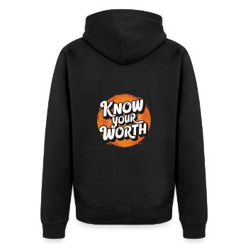 Motivierende Aussage Kenne deinen Wert - Unisex Premium Bio Zip Hoodie - Schwarz - Hinten - Nico (187cm)