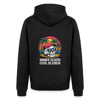 Skull mit Basecap Sonnenbrille am Strand - Unisex Premium Bio Zip Hoodie - Schwarz - Hinten - Nico (187cm)