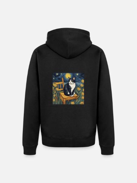 Black and White Cat in Van Gogh's Starry Night - Unisex Premium Organic Zip Hoodie - black