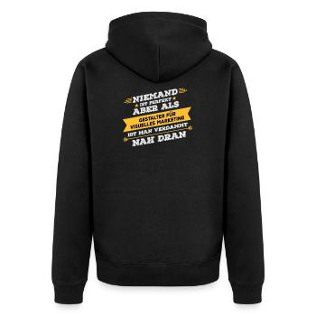 Gestalter für visuelles Marketing Beruf Geschenk - Unisex Premium Bio Zip Hoodie - Schwarz - Hinten - Nico (187cm)