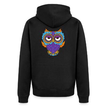 farbenfrohe Eule in Mandala - Optik - Unisex Premium Bio Zip Hoodie - Schwarz - Hinten - Nico (187cm)