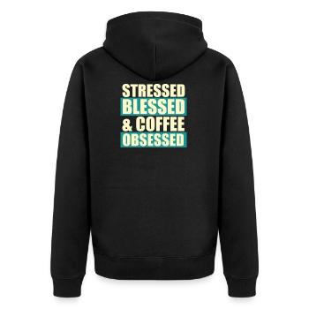 Stressed blessed - Unisex Premium Organic Zip Hoodie - black - Back - Nico (187cm)