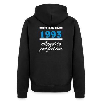 Born in 1993 Aged to perfection - Unisex Premium Bio Zip Hoodie - Schwarz - Hinten - Nico (187cm)