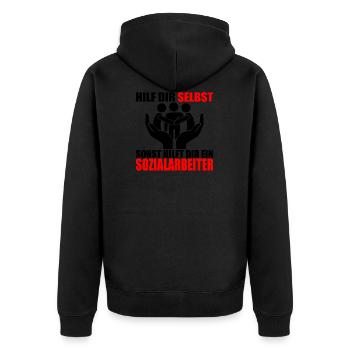 HILF DIR SELBST SONST HILFT DIR EIN SOZIALARBEITER - Unisex Premium Bio Zip Hoodie - Schwarz - Hinten - Nico (187cm)