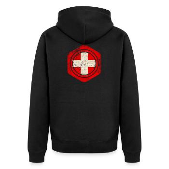 HEXAGON SWITZERLAND GRUNGE - Unisex Premium Bio Zip Hoodie - Schwarz - Hinten - Nico (187cm)