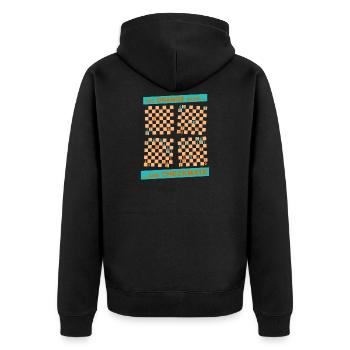 Die ORANGE Bewegung ... und CHECKMATE - Turm - Unisex Premium Bio Zip Hoodie - Schwarz - Hinten - Nico (187cm)