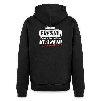 SPRUCH, MEINE FRESSE, KÖNNT SCHON WIEDER KOTZEN! - Unisex Premium Bio Zip Hoodie - Schwarz - Hinten - Nico (187cm)