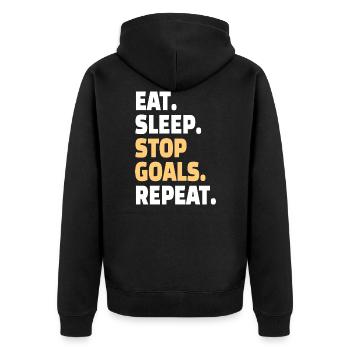 GOALKEEPER: Stop Goals - Unisex Premium Bio Zip Hoodie - Schwarz - Hinten - Nico (187cm)