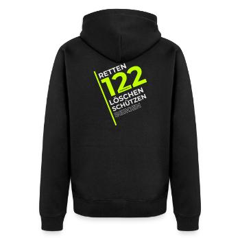 122 - Retten - Löschen - Schützen - Bergen - Unisex Premium Bio Zip Hoodie - Schwarz - Hinten - Nico (187cm)