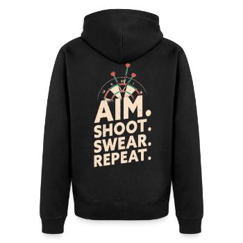 Aim Shoot Swear Repeat - Dart Player Darts - Unisex Premium Bio Zip Hoodie - Schwarz - Hinten - Nico (187cm)