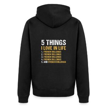 5 choses que j’aime dans la vie bouledogue français - Veste à capuche bio Premium Unisexe - noir - Dos - Nico (187cm)