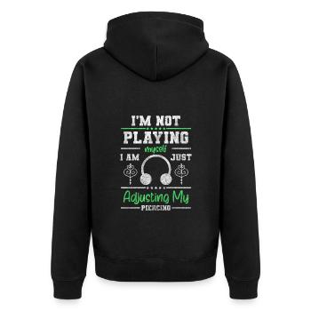 Piercing Kunst Piercingstudio - Unisex Premium Bio Zip Hoodie - Schwarz - Hinten - Nico (187cm)