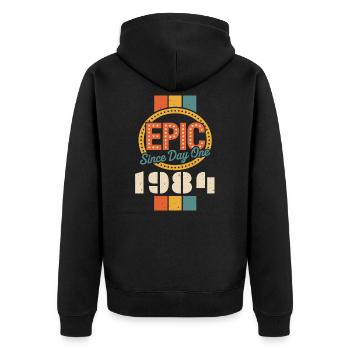 Legendär seit 1984 - Unisex Premium Bio Zip Hoodie - Schwarz - Hinten - Nico (187cm)