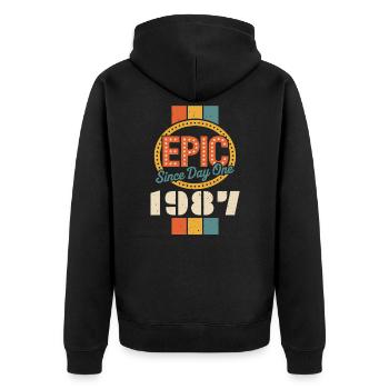 Legendär seit 1987 - Unisex Premium Bio Zip Hoodie - Schwarz - Hinten - Nico (187cm)