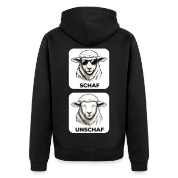 Schaf Unschaf - Wortspiel mit unscharf und Schaf - Unisex Premium Bio Zip Hoodie - Schwarz - Hinten - Nico (187cm)