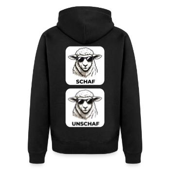 Schaf Unschaf - Wortspiel mit unscharf und Schaf - Unisex Premium Bio Zip Hoodie - Schwarz - Hinten - Nico (187cm)