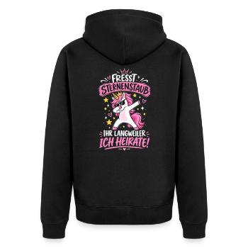Fresst Sternenstaub – JGA Braut Einhorn - Unisex Premium Bio Zip Hoodie - Schwarz - Hinten - Nico (187cm)