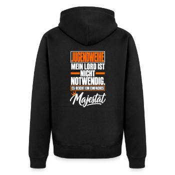Jugendweihe Majestät mit Krone - Unisex Premium Bio Zip Hoodie - Schwarz - Hinten - Nico (187cm)