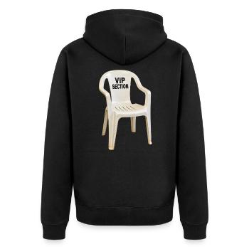 VIP Section – Plastikstuhl mit Größenwahn - Unisex Premium Bio Zip Hoodie - Schwarz - Hinten - Nico (187cm)