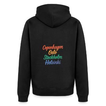 Copenhagen – Oslo – Stockholm – Helsinki - Unisex Premium Bio Zip Hoodie - Schwarz - Hinten - Nico (187cm)