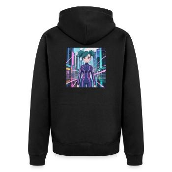 Neon Cybersuit Lichtlinien - Unisex Premium Bio Zip Hoodie - Schwarz - Hinten - Nico (187cm)