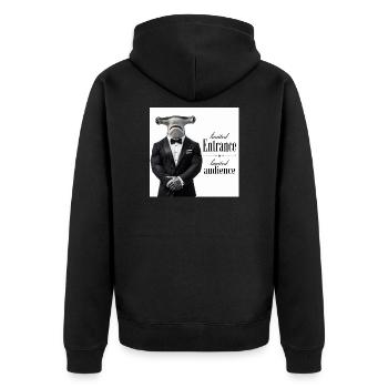 Limitierter Eintritt: Hai im Smoking - Unisex Premium Bio Zip Hoodie - Schwarz - Hinten - Nico (187cm)