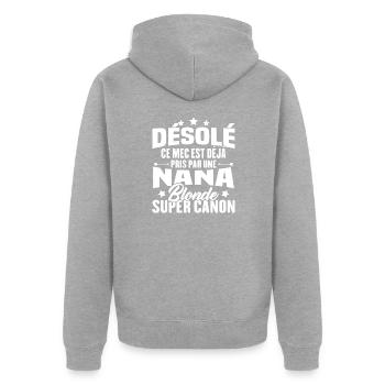 Mec Déjà Pris par une Blonde Super Canon - Veste à capuche bio Premium Unisexe - gris chiné - Dos - Nico (187cm)