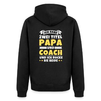 Ich habe 2 Titel Papa und Coach - Unisex Premium Bio Zip Hoodie - Schwarz - Hinten - Nico (187cm)