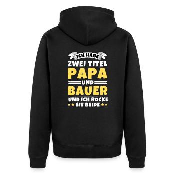 Ich habe 2 Titel Papa und Bauer - Unisex Premium Bio Zip Hoodie - Schwarz - Hinten - Nico (187cm)