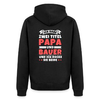 Ich habe 2 Titel Papa und Bauer - Unisex Premium Bio Zip Hoodie - Schwarz - Hinten - Nico (187cm)