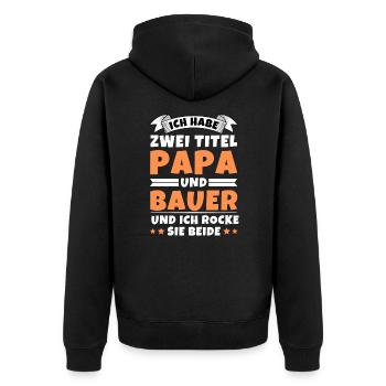 Ich habe 2 Titel Papa und Bauer - Unisex Premium Bio Zip Hoodie - Schwarz - Hinten - Nico (187cm)