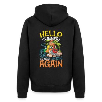 Hello Summer We Meet Again für eine Chiller und - Unisex Premium Bio Zip Hoodie - Schwarz - Hinten - Nico (187cm)