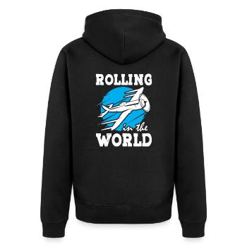 Rolling in the World With Plane - Unisex Premium Bio Zip Hoodie - Schwarz - Hinten - Nico (187cm)