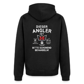 Dieser Angler ist 50. Schonend behandeln - Unisex Premium Bio Zip Hoodie - Schwarz - Hinten - Nico (187cm)
