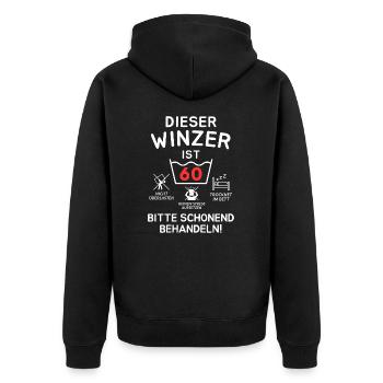 Dieser Winzer ist 60. Schonend behandeln - Unisex Premium Bio Zip Hoodie - Schwarz - Hinten - Nico (187cm)