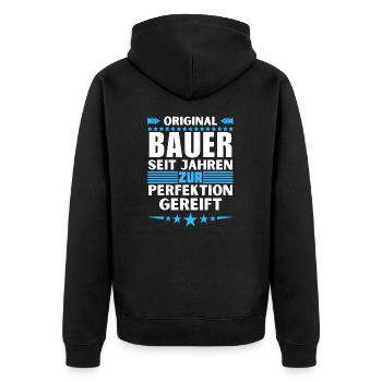 Zur Perfektion gereifter Bauer - Unisex Premium Bio Zip Hoodie - Schwarz - Hinten - Nico (187cm)