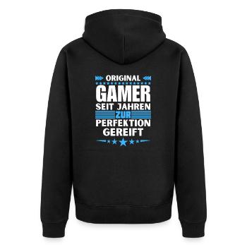 Zur Perfektion gereifter Gamer - Unisex Premium Bio Zip Hoodie - Schwarz - Hinten - Nico (187cm)