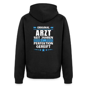Doctor matured to perfection - Unisex Premium Organic Zip Hoodie - black - Back - Nico (187cm)