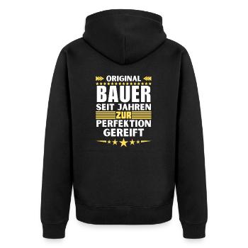 Zur Perfektion gereifter Bauer - Unisex Premium Bio Zip Hoodie - Schwarz - Hinten - Nico (187cm)