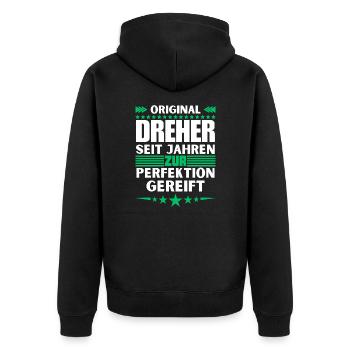Zur Perfektion gereifter Dreher - Unisex Premium Bio Zip Hoodie - Schwarz - Hinten - Nico (187cm)