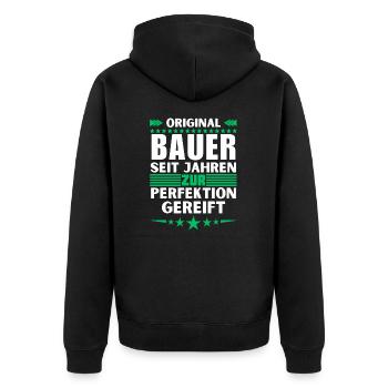 Zur Perfektion gereifter Bauer - Unisex Premium Bio Zip Hoodie - Schwarz - Hinten - Nico (187cm)