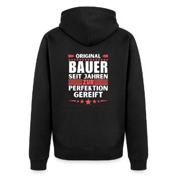 Zur Perfektion gereifter Bauer - Unisex Premium Bio Zip Hoodie - Schwarz - Hinten - Nico (187cm)