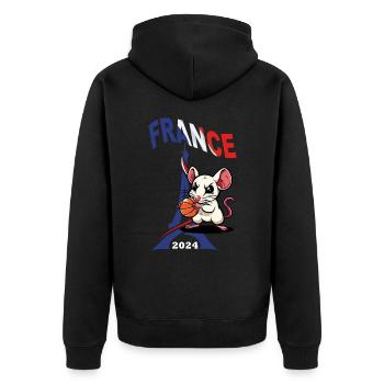 JEUX FRANCE PARIS EN 2024 - HUMOUR RAT BASKETBALL - Veste à capuche bio Premium Unisexe - noir - Dos - Nico (187cm)