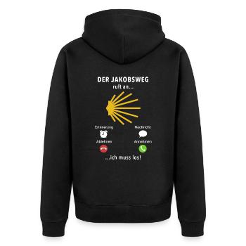 Der Jakobsweg ruft an - ich muss los - Spruch - Unisex Premium Bio Zip Hoodie - Schwarz - Hinten - Nico (187cm)