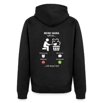 Meine Sauna ruft an - ich muss los - Spruch - Unisex Premium Bio Zip Hoodie - Schwarz - Hinten - Nico (187cm)