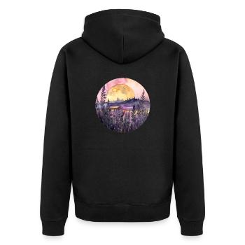 Sonnenuntergang & Lavendel – Farben der Ruhe - Unisex Premium Bio Zip Hoodie - Schwarz - Hinten - Nico (187cm)