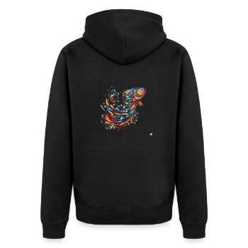 Abstraktes Fischmotiv für Sommerlichen Ozeanflair - Unisex Premium Bio Zip Hoodie - Schwarz - Hinten - Nico (187cm)